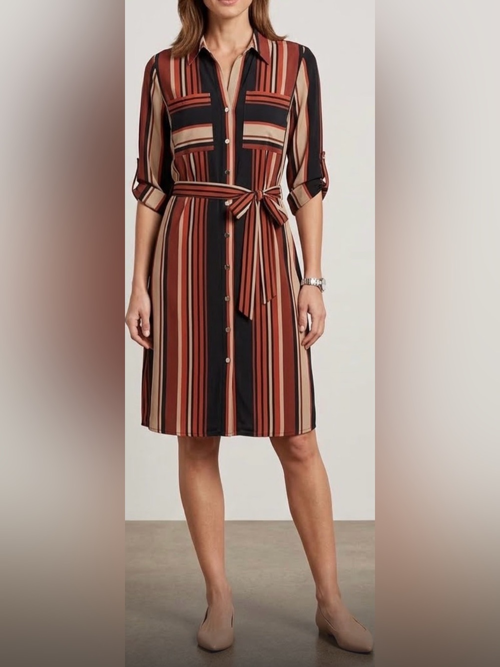 Mlle Gabrielle Striped Shirt Dress in Black, Rust & Cream